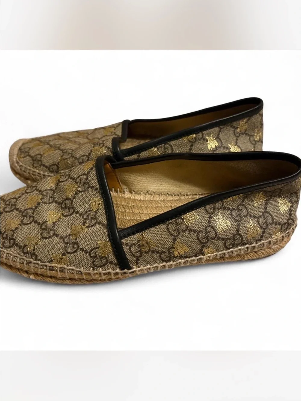 Gucci Brown & Black Monogram Espadrille Flats with Gold Bee Detail